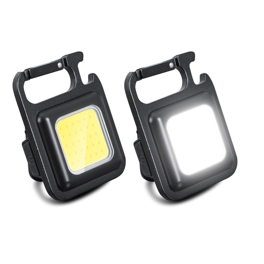 COB Rechargeable Keychain Flashlight – 3 Light Modes, Portable Pocket Light with Folding Bracket, Bottle Opener, and Magnet Base